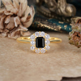 Emerald Cut Black Onyx Ring Classic Lab Grown Aquamarine Halo Promise Ring