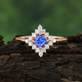 Vintage Princess Cut Cluster Sapphire Promise Ring Halo Bridal Ring