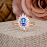 1 Carat Oval Cut Cluster Sapphire Engagement Ring Vintage Halo Bridal Ring