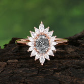 1 Carat Oval Cut Cluster Black Rutilated Quartz Engagement Ring Vintage Halo Bridal Ring