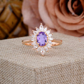 1 Carat Oval Cut Cluster Amethyst Engagement Ring Vintage Halo Bridal Ring