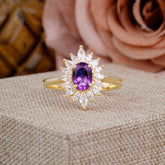 1 Carat Oval Cut Cluster Amethyst Engagement Ring Vintage Halo Bridal Ring