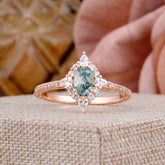 Vintage Oval Cut Moss Agate Engagement Ring Cluster Pave Bridal Ring
