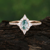 Vintage Oval Cut Moss Agate Engagement Ring Cluster Pave Bridal Ring