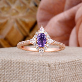Vintage 4 Prong Oval Cut Amethyst Engagement Ring Cluster Pave Bridal Ring