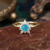 Cluster Lab Grown Turquoise Engagement Ring Round Cut Floral Bridal Ring