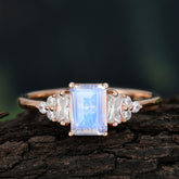 1 Carat Emerald Cut Natural Moonstone Engagement Ring Classic Side Stone Wedding Ring