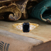 1 Carat Emerald Cut Black Onyx Engagement Ring Classic Side Stone Wedding Ring