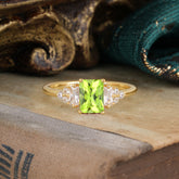 1 Carat Emerald Cut Peridot Engagement Ring Classic Side Stone Wedding Ring