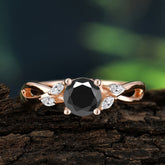 1 Carat Round Black Onyx Engagement Ring Botanical Leaf Style