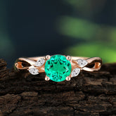 1 Carat Round Emerald Engagement Ring with Delicate Leaf Details