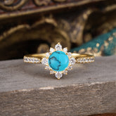 Round Cut Vintage Cluster Turquoise Gemstone Ring Flower Engagement Ring