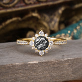 Round Cut Vintage Cluster Black Rutilated Quartz Gemstone Ring Flower Engagement Ring