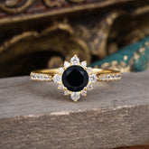 Round Cut Vintage Cluster Black Onyx Gemstone Ring Flower Engagement Ring