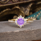 Round Cut Vintage Cluster Amethyst Gemstone Ring Flower Engagement Ring