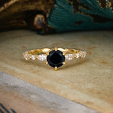 Round Cut Classic Black Onyx Engagement Ring Pave Promise Ring