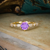 Round Cut Classic Amethyst Engagement Ring Pave Promise Ring