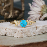 6 Prong Round Cut Turquoise Brilliant Sparkle Leaf Engagement Ring Nature Inspired Ring for women