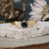 Round Black Onyx Promise Ring Bold Leaf Engagement Ring Six Claw Setting