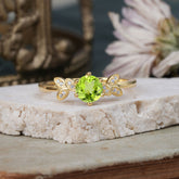 Round Peridot Green Leaf Engagement Ring Nature Inspired Six Claw Setting