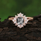 1.2 Carat Vintage Cushion Cut Cluster Halo Black Rutilated Quartz Engagement Ring