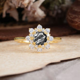 Round Black Rutilated Quartz Flower Engagement Ring Nature Inspired Wedding Ring