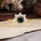 Round Cut Black Onyx Flower Engagement Ring For Women