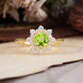 Round Cut Peridot Engagement Ring Green August Birthstone Flower Wedding Ring