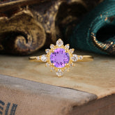 Vintage Round Cut Cluster Amethyst Wedding Ring Flower Engagement Ring