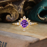 Vintage Round Cut Cluster Amethyst Wedding Ring Flower Engagement Ring