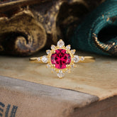 Vintage Round Cut Cluster Ruby Wedding Ring Flower Engagement Ring
