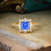 1.2 Carat Princess Cut Sapphire Engagement Ring | 4 Prong Setting | Pave & Halo Design