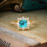 Princess Cut 1.2 Carat Turquoise Pave Ring Halo Engagement Ring