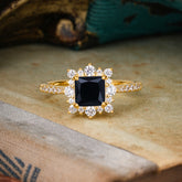 Princess Cut 1.2 Carat Black Onyx Pave Ring Halo Engagement Ring