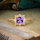 Princess Cut 1.2 Carat Amethyst Pave Ring Halo Engagement Ring