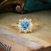 Princess Cut 1.2 Carat Aquamarine Pave Ring Halo Engagement Ring