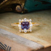 Princess Cut 1.2 Carat Alexandrite Pave Ring Halo Engagement Ring