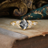 Cushion Cut 1 Carat Black Rutilated Quartz Anniversary Ring Classic Side Stone Ring