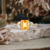 1 Carat 4 Prong Emerald Cut Citrine Ring Marquise Side Stone Engagement Ring