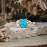 1 Carat Emerald Cut Turquoise Ring Marquise Side Stone Engagement Ring