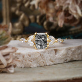 1 Carat 4 Prong Emerald Cut Black Rutilated Quartz Ring Marquise Side Stone Engagement Ring