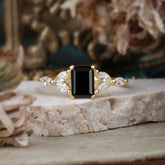 1 Carat Emerald Cut Black Onyx Ring Marquise Side Stone Engagement Ring