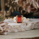 1 Carat 4 Prong Emerald Cut Garnet Ring Marquise Side Stone Engagement Ring