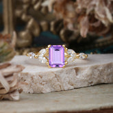 1 Carat 4 Prong Emerald Cut Amethyst Ring Marquise Side Stone Engagement Ring