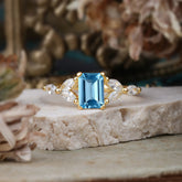 1 Carat 4 Prong Emerald Cut Aquamarine Ring Marquise Side Stone Engagement Ring