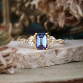 1 Carat 4 Prong Emerald Cut Alexandrite Ring Marquise Side Stone Engagement Ring