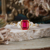 1 Carat 4 Prong Emerald Cut Ruby Ring Marquise Side Stone Engagement Ring