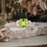 1 Carat 4 Prong Emerald Cut Peridot Ring Marquise Side Stone Engagement Ring