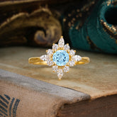 Round Cut 0.6 Carat Aquamarine Promise Ring Cluster Anniversary Ring