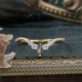 2 Prong Marquise & Round Cut Black Rutilated Quartz Curved Wedding Band Stacking Ring